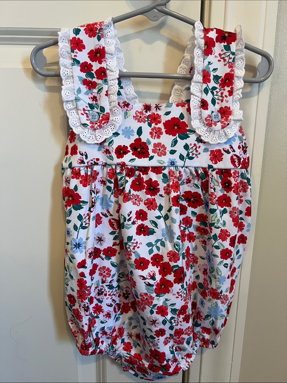 Baby Girls Red Floral Bubble Romper with Lace Trim